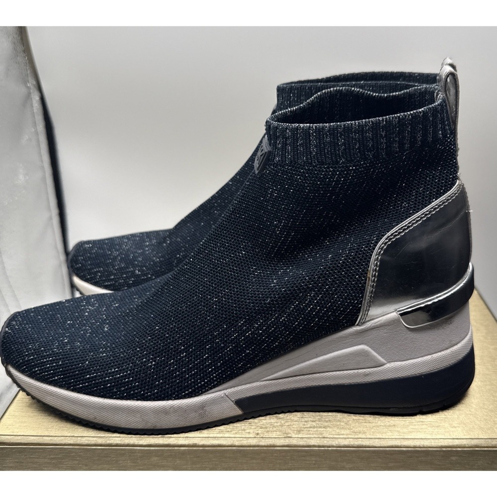 Michael Kors Women's Blue/Silver Knit Ankle Sock Bootie Slip On Wedge Size 8